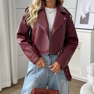 Burgundy Casual Women's Minimalist Zipper Short Jacket